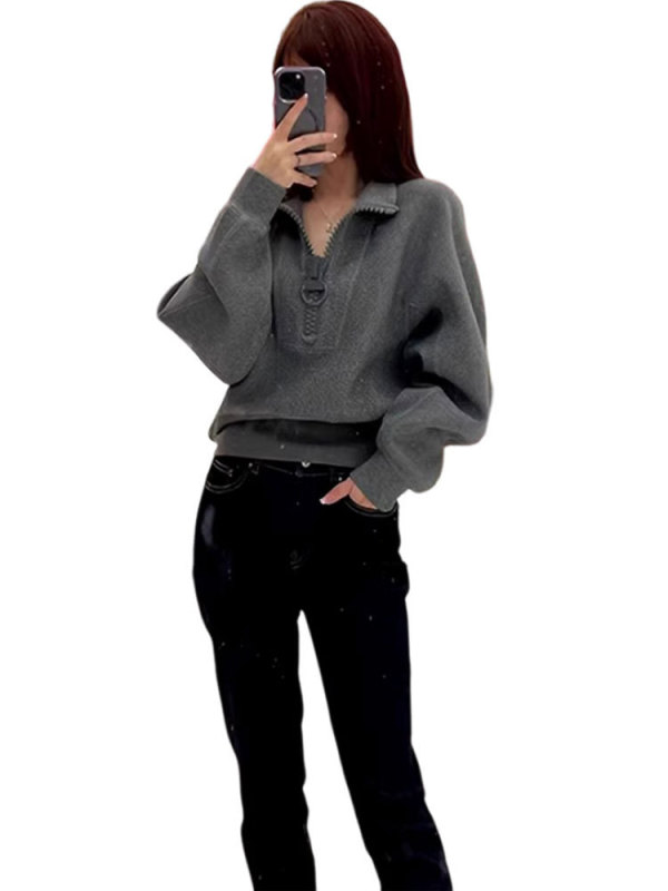 秋季短款灰色卫衣女高级感超好看立领半拉链小众oversize外套潮牌|undefined