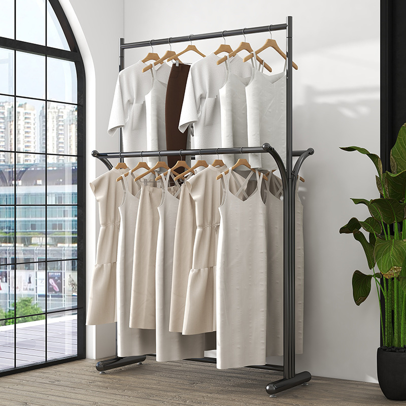 洋服店双棒展示棚男性女装中島棚二列上下階服装棚二重床吊りハンガー|undefined