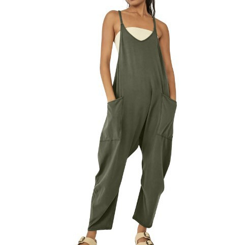 European and American fat buttocks women's pocket suspender adjustable buckle jumpsuit