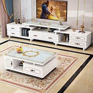 Living Room TV Cabinet European Style Coffee Table Combination Modern Simple Small Household Tempered Glass Telescopic TV Cabinet Independent Station