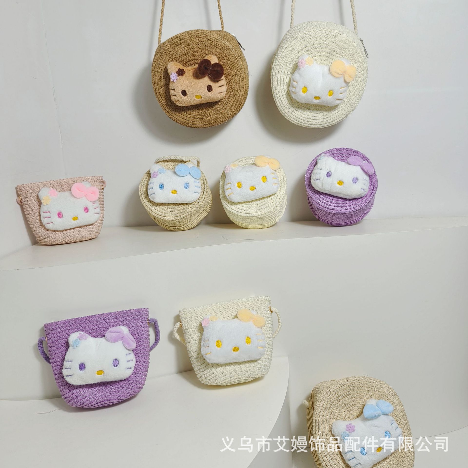 New Spring/Summer Anime Kitty Cartoon Mini Bag for Children, Straw Woven Crossbody Bag