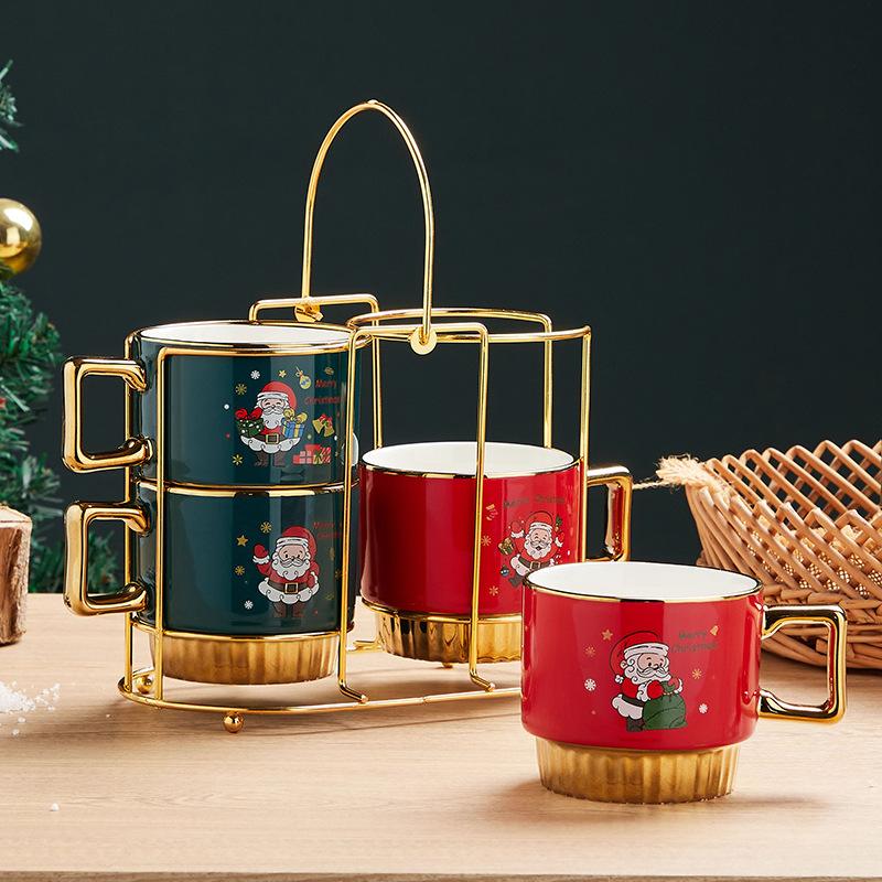 Amazon Venta caliente Navidad taza Taza de cerámica con estante Navidad regalo traje al por mayor