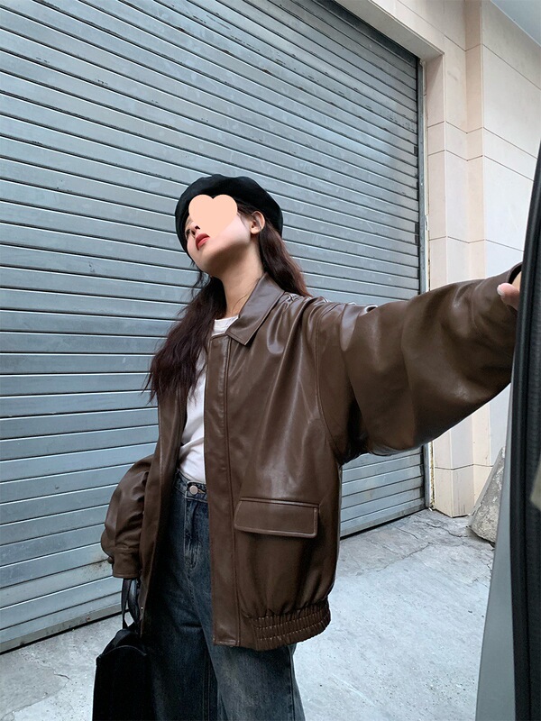RAINY 酷女孩腔调 机车皮衣夹克春秋女新款美式黑色复古上衣外套|undefined