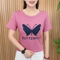 2025夏季新款中老年圆领烫钻短袖T恤女宽松显瘦百搭洋气减龄小衫