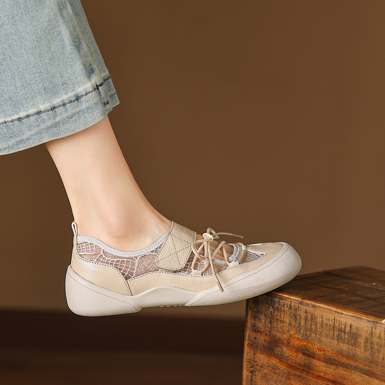 Giày sneaker nữ đế dày ren lưới phối màu cổ thấp — màu trắng ngà chi tiết 35