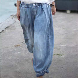 现货wish亚马逊 eBay女装牛仔裤仿牛仔灯笼长裤女