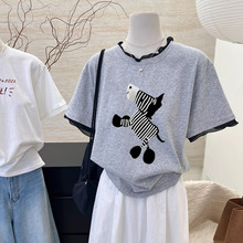 新品拼接网纱圆领短袖T恤女高级感宽松大码百搭斑马印花休闲上衣