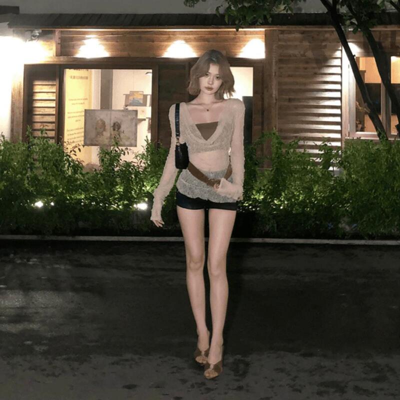 New Sexy Cut Out Transparent Design Slim Fit Top American Sexy Swing Collar Sun Protection Blouse Long-Sleeved T-Shirt for Women
