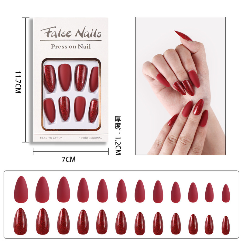 Cross-border hot 24 boxed Chinese solid color water drop sequins fake nails flash detachable wearable nail wholesale Cross-border hot 24 boxed Chinese solid color water drop sequins fake nails flash detachable wearable nail wholesale