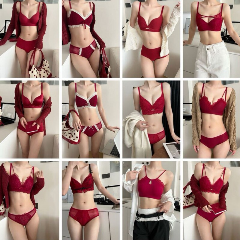 Red Intimates for Women with Small Breasts, Push-Up and Enlargement, No Rims Bra, Seamless Wedding Bridal Intimates Set