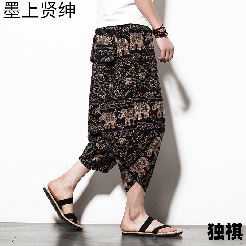 Summer men's casual cropped pants bloomers wide leg beach pants flower pants loose plus size Chinese style foreign trade wholesale