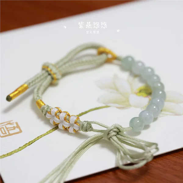 Ancient Green Hand-Woven Bracelet with Peace Buckle Pendant, Fortune Beads, Peach Blossom Knot, Natural Burmese Jade Bracelet, Semi-Finished Product