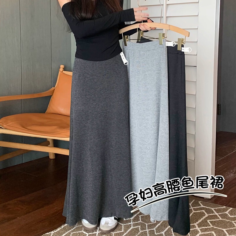 High-Quality Pure Cotton Maternity Dark Gray Women's Autumn and Winter Skirt Mid-Length Hip-Hugging A-Line Skirt Long Skirt
