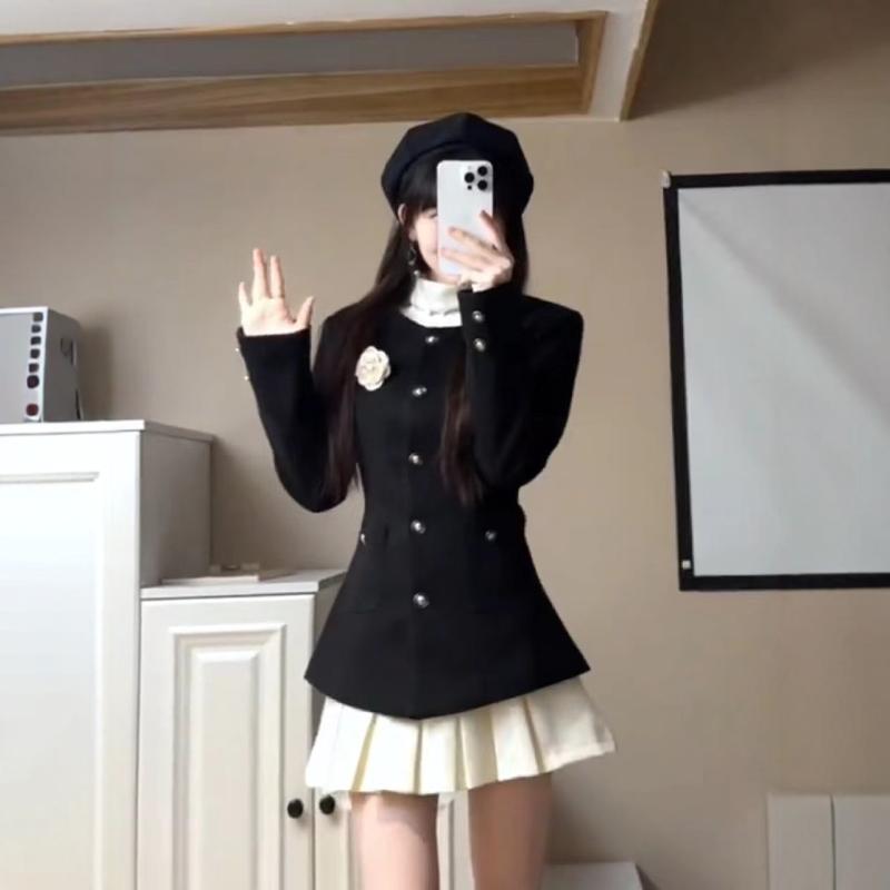 인간 동백 양모 면화 허리 재킷 주름 치마 여성 가을 겨울 새로운 부자 가족 천 골드 스타일 투피스 세트