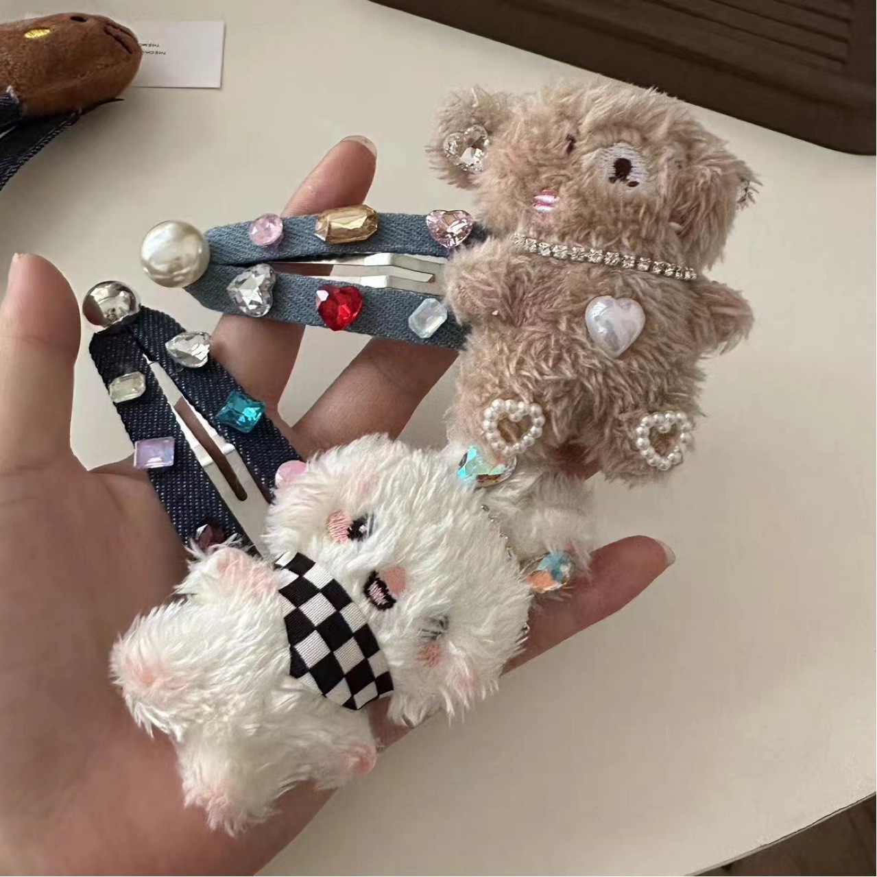 Cute Japanese and Korean Style Internet Celebratory Same Style Large Size Gem Hair Rabbit Bear Hairpin Side Side Bangs Clip Bb Clip Broken Hairpin