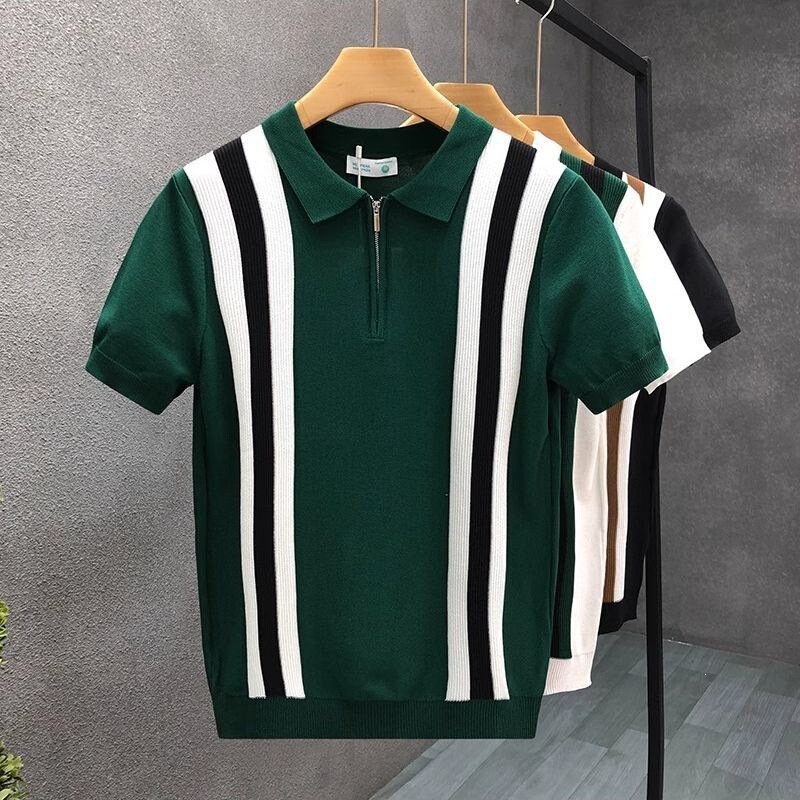 Striped Color-Block Knit Short-Sleeve Men's Summer Casual Oversized T-Shirt Stylish Fitness Top