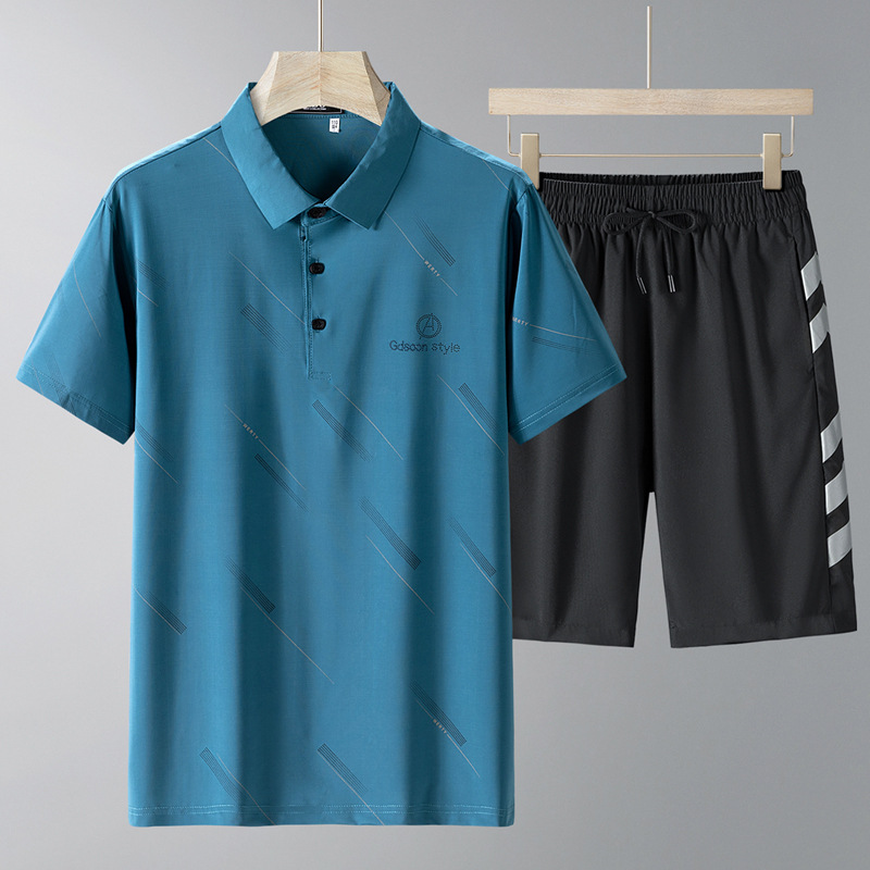 Verano papá traje casual hombre de mediana edad hielo solapa polo camisa hombre mangas cortas pantalones cortos secos rápidos hombre dos piezas set