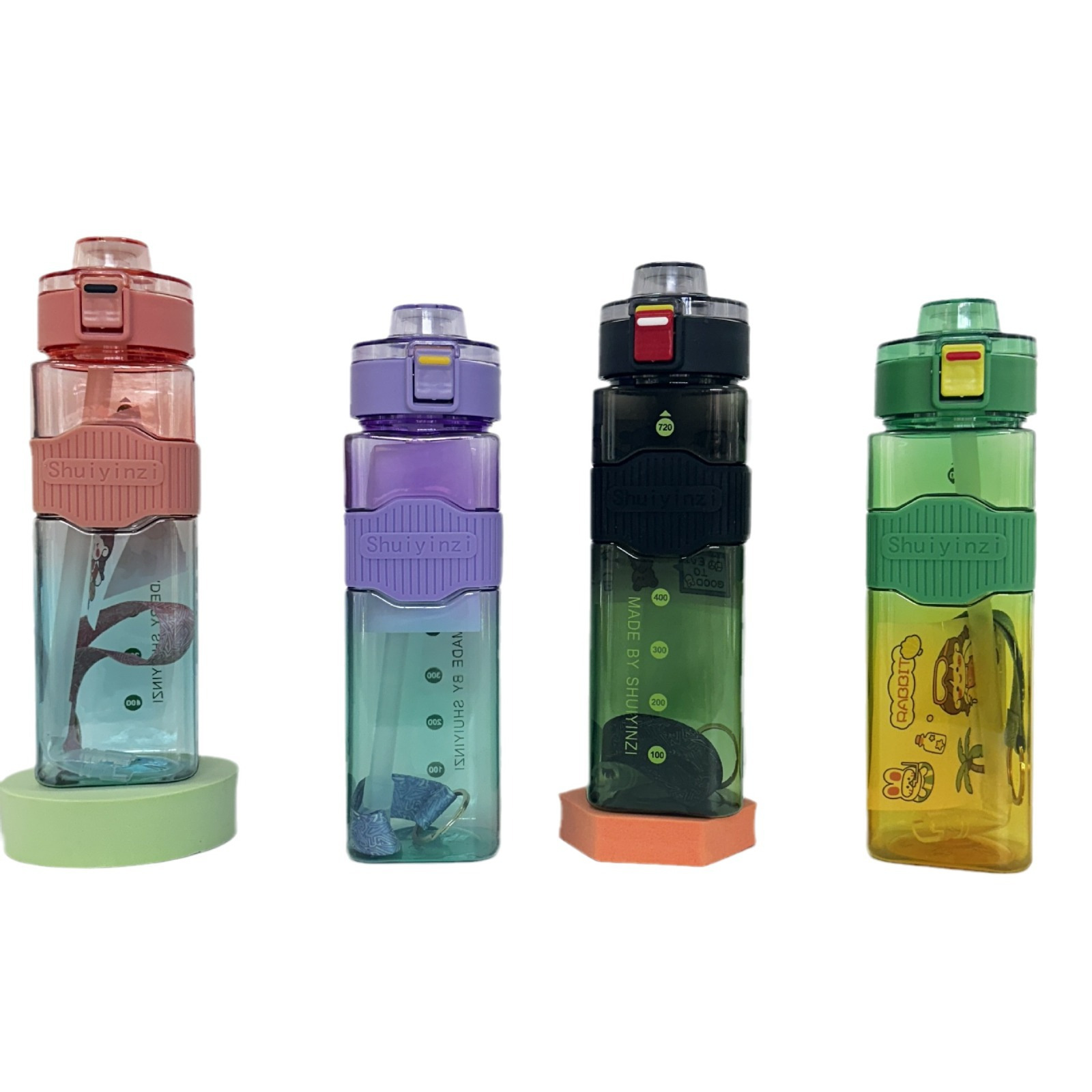 Verano nuevo colorido cuadrado de paja taza de agua de plástico portátil cuerdas rebote cubierta botella de agua deportiva al aire libre