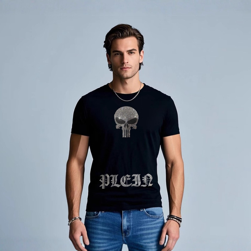 Philip Plein Men's Cross-Border E-Commerce One-Piece Hot Diamond Trendy Brand Loose Round Neck Short-Sleeved Summer New T-Shirt