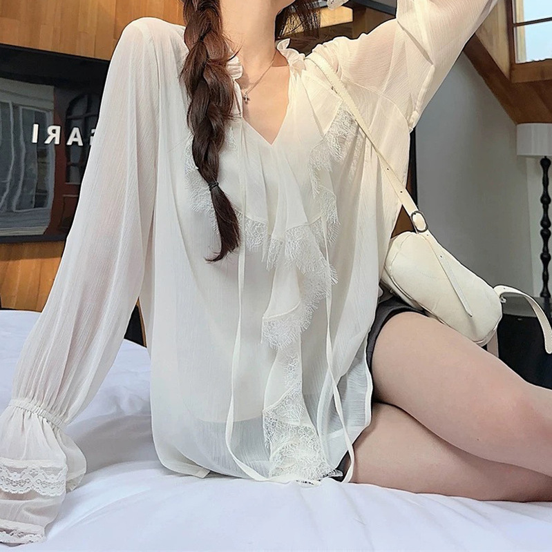 Ready Stock Lace Splicing Ruffled V Neck Lace-Up Chiffon Shirt for Women Spring French Hazy Top