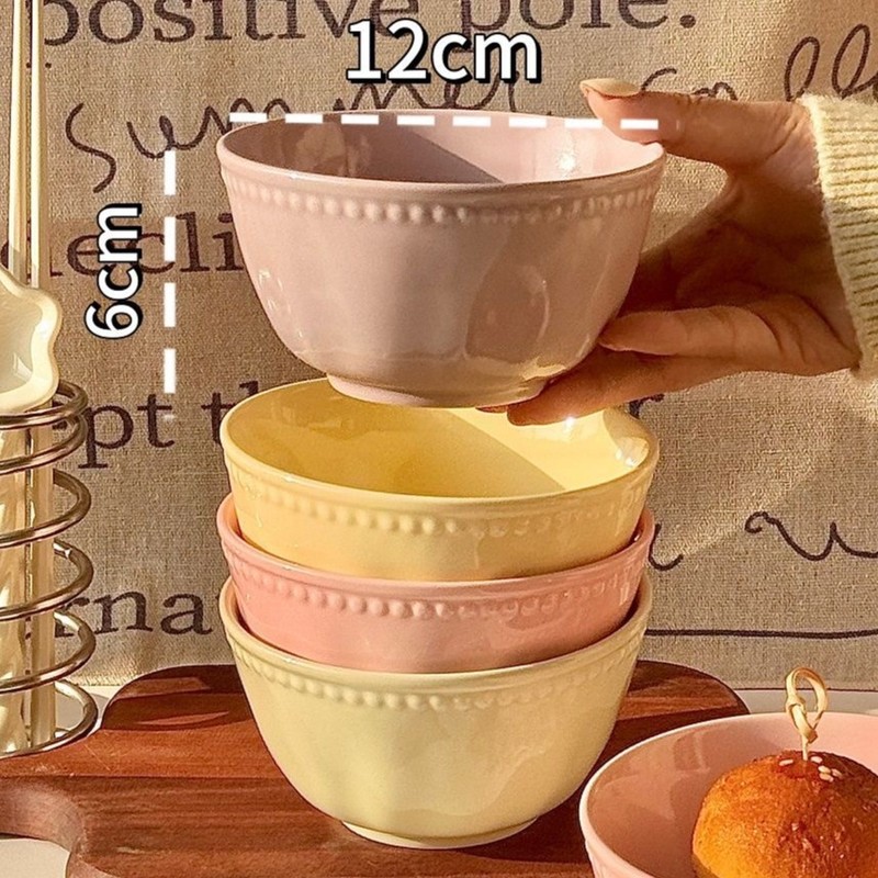 レリーフ新作飯碗insクリーム風カラー釉薬下彩家庭用高颜値食器少女デザート碗陶磁器|undefined