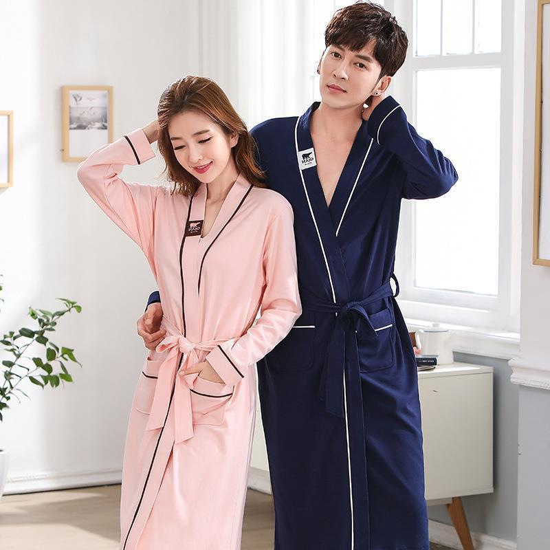 커플의 밤가운 봄과 가을 긴 목욕 가운 여성과 남자의 가을과 겨울 긴 소매 얇은 일본식 잠옷 쌍