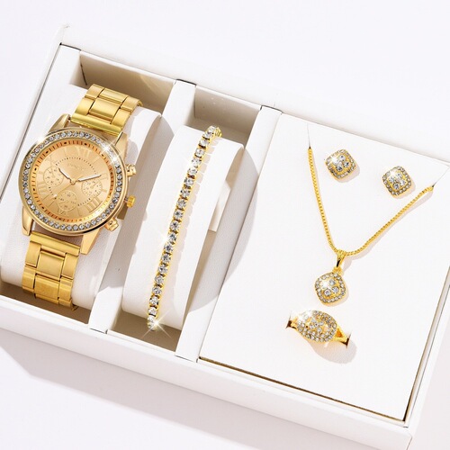 Foreign trade hot-selling luxury set, versatile, elegant, diamond-encrusted, large rhinestone women's five-piece gift box, quartz watch