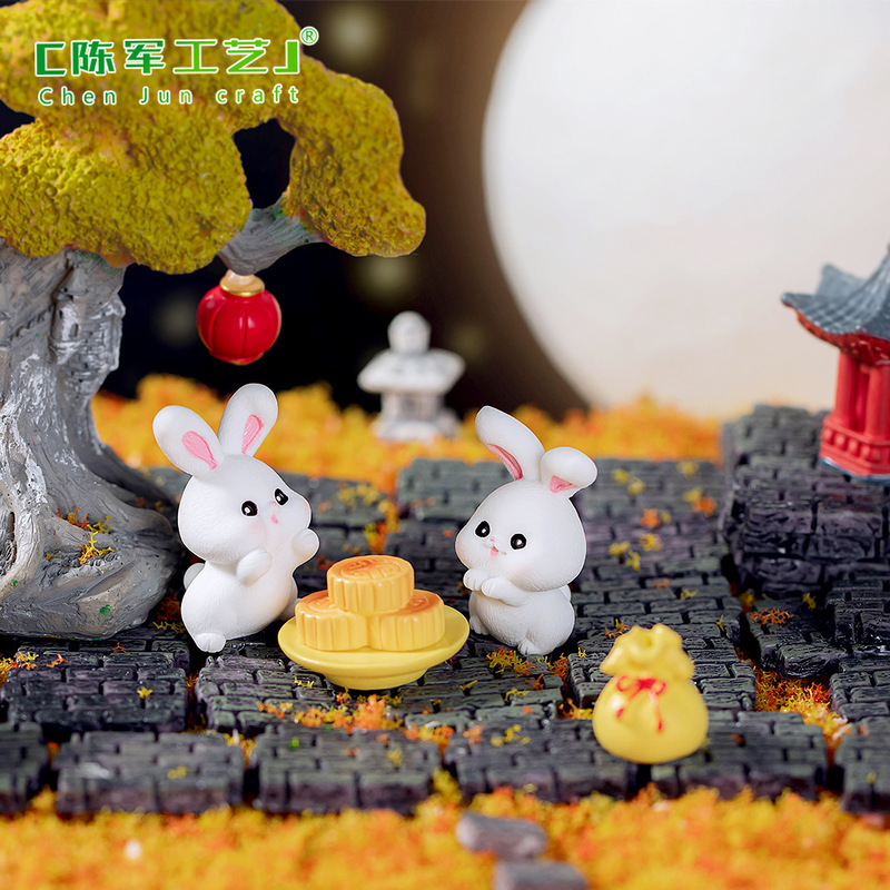 微景観中秋節玉兎月餅かわいい動物人形装飾品樹脂工芸品小物|undefined