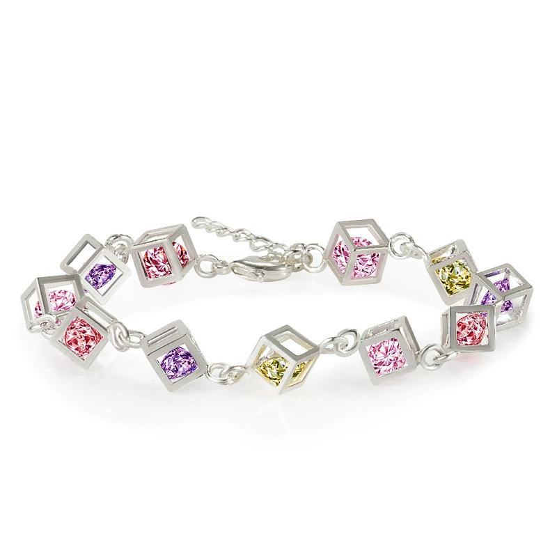 Bracelet cube charms, silver-plated with colored crystals — 12-piece set, adjustable chain