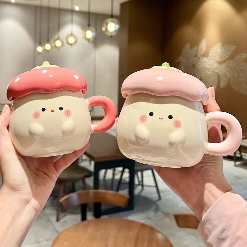 ガーリー誕生日プレゼントかわいいイチゴマークウォーターカップカップルセラミックカップ蓋スプーンオフィスコーヒーカップ|undefined