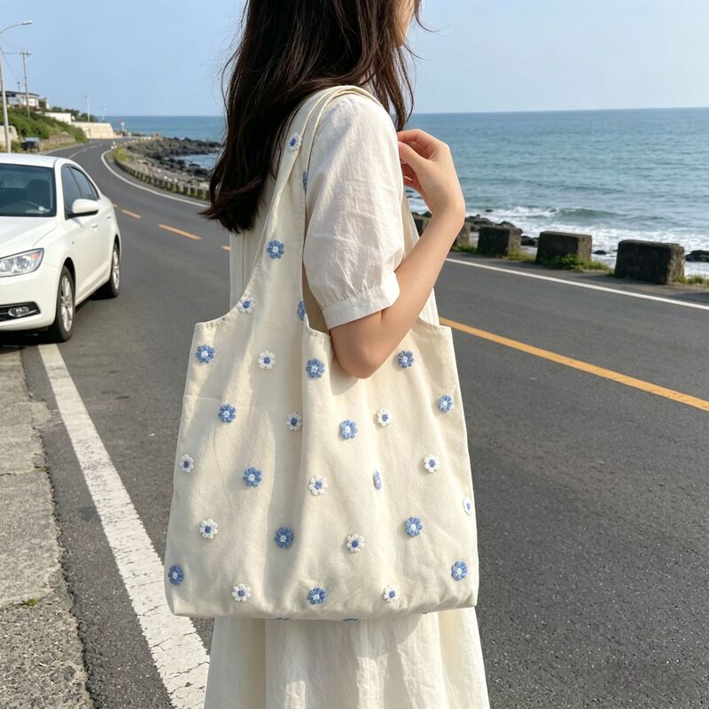 2026 Summer Artistic Fresh Style Floral Embroidery Canvas Bag for Women, Large Capacity Shoulder Bag, Casual Versatile Tote Bag 2026 Summer Artistic Fresh Style Floral Embroidery Canvas Bag for Women, Large Capacity Shoulder Bag, Casual Versatile Tote Bag