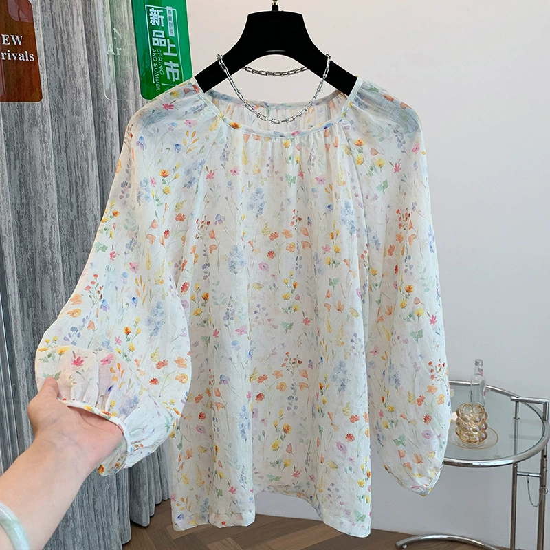 2025 новый летний стиль ретро литературный маленький цветочный свободный повседневный топ с круглым вырезом и рукавами три четверти, защита от солнца, блузка для женщин