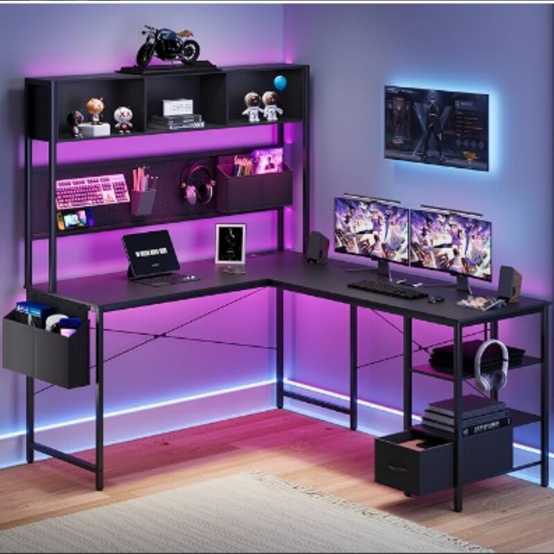L-Shaped Elevated Computer Desk with Storage Drawers and Hanging Bags, Open Partition Shelves, Large Capacity, Including Lights and Plug Strips