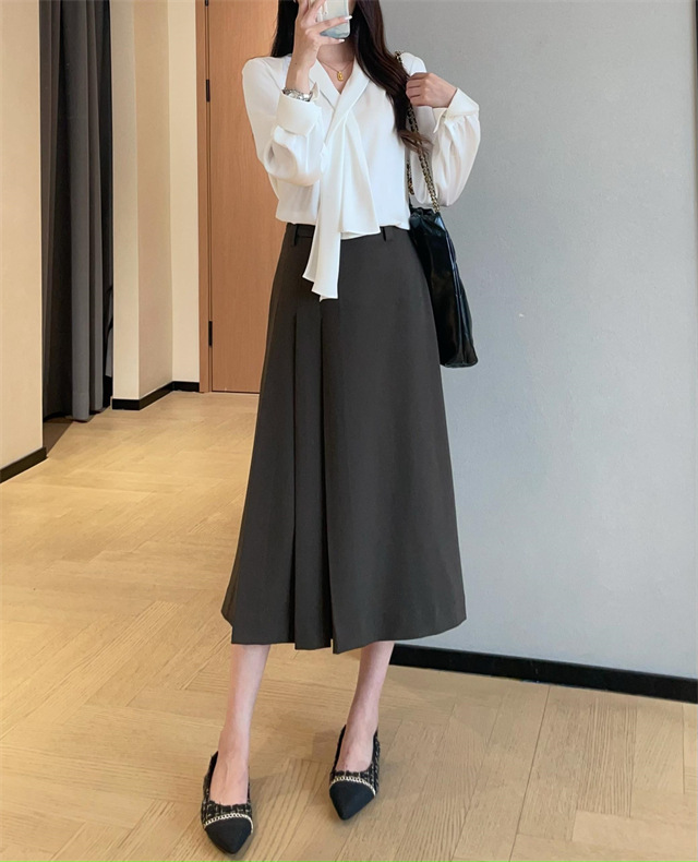 法式气质侧风琴压褶设计宽松显瘦中长款A字半身裙女2025秋G090807|undefined