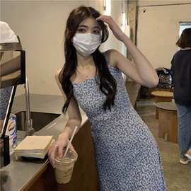 法式小个子碎花过膝茶歇长裙女装裙子春夏季小清新复古吊带连衣裙