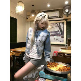 美式复古字母刺绣水洗做旧牛仔外套男女宽松休闲时髦正肩夹克