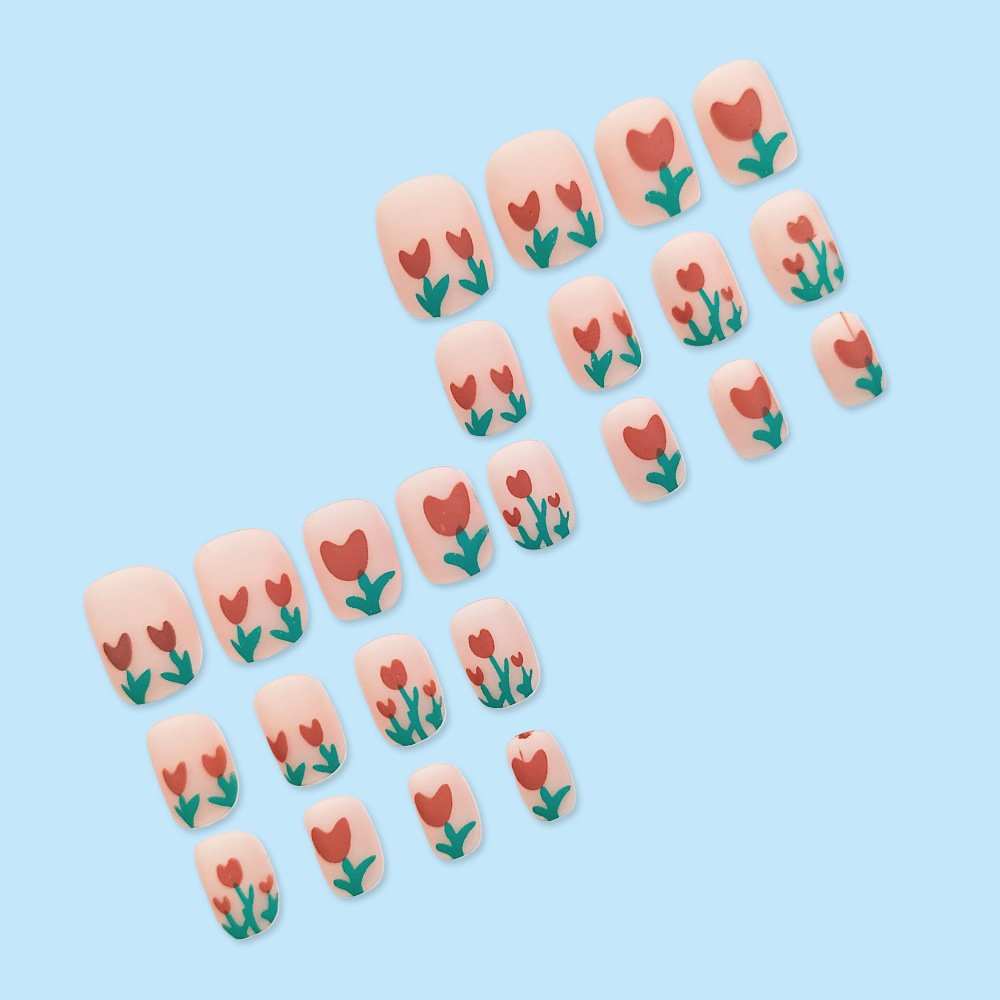 Tulipan rosa, manicura corta, fresca, suave, blanqueadora, 24 piezas, parche de uñas terminado.