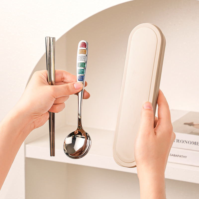 304 Stainless Steel Spoon Rainbow Enamel Spoon High-Value Spoon and Chopstick Set Two-Piece Student Portable Storage Box