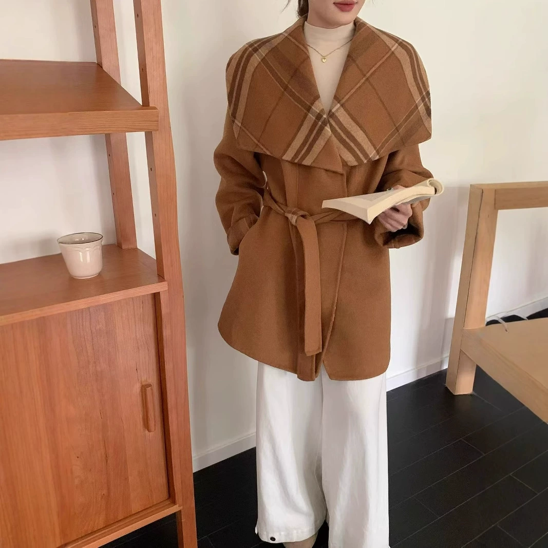 Net Red Bong 2024 новый двухсторонний шерстяное пальто корейская версия свободного повседневного большого лацкана клетчатого шерстяного пальто