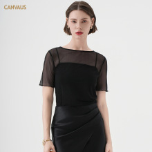 CANVAUS透视网纱t恤女夏季短袖圆领修身显瘦黑色叠穿罩衫薄款上衣