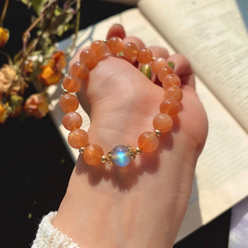 Gold Sand dark orange sun stone 8mm single ring crystal bracelet Moonstone single bead with beads women's jewelry