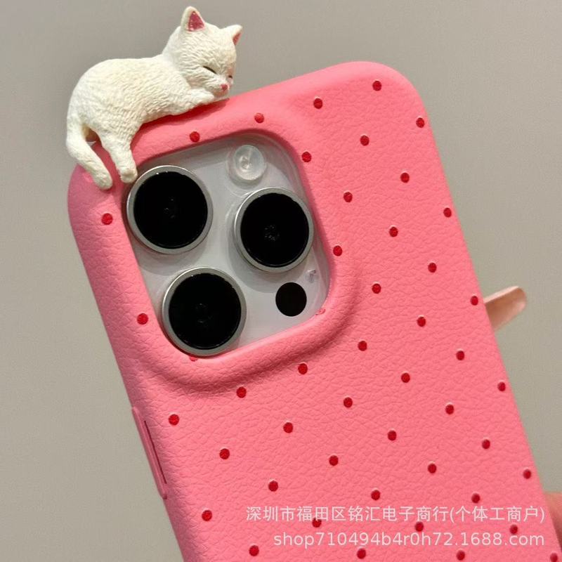 かわいい立体猫 iphone16 携帯電話ケース Apple 15promax シンプル水玉 13 ソフト 14 に適しています|undefined
