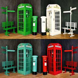 European retro red telephone booth large floor-standing combination soft decoration props industrial style iron art decorative ornaments pavilion