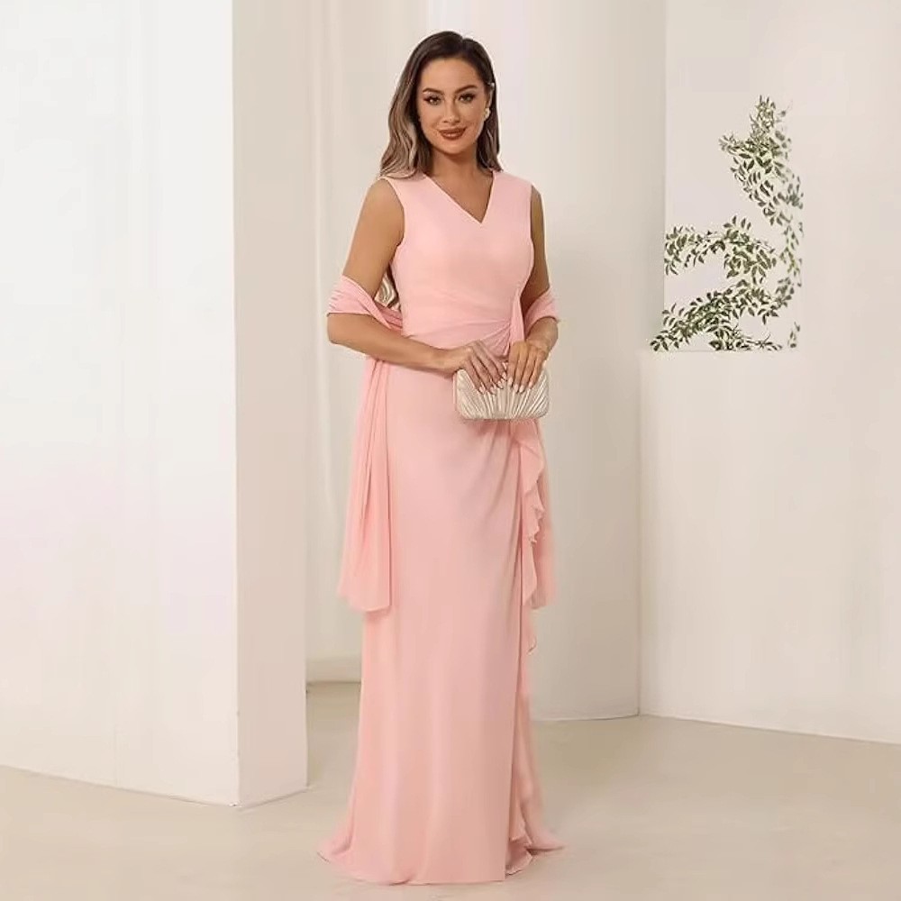 Europa y América Amazon novia madre vestido de boda talla grande gasa con cuello en V novio madre vestido de fiesta