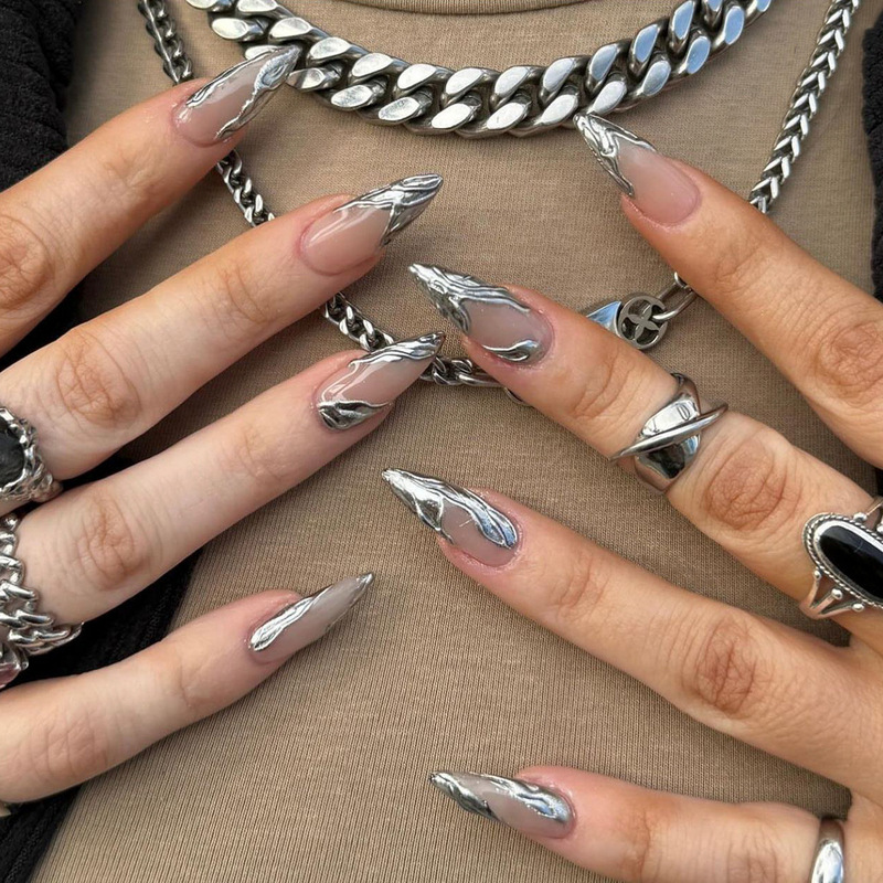 French-Style Silver 3D Wearable Nails Almond-Shaped Long Pointed False Nails High-End Nail Pieces Wholesale Customization
