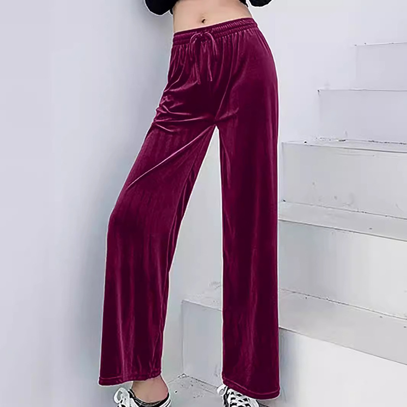 Cross-Border European and American 2025 Casual Pants Solid Color Velvet Wide-Leg Pants with a Draping Effect, Loose Drawstring Long Pants for Women