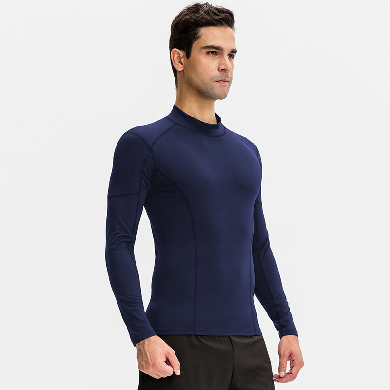 Men Fitness Long-Sleeved High-Elastic Tight-Fitting Quick-Drying Running Training Suit High-Neck Color-Blocking Sports Top