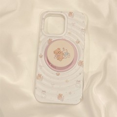 波紋シェル蝶結びベア磁気スタンド iPhone17/Apple 16ProMax/15/14 携帯電話ケース対応