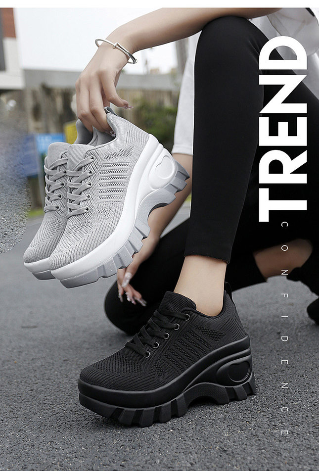 Giày sneaker nữ lưới thoáng khí đế dày tăng chiều cao, gót 3-5 cm — 1695 Màu đen, 1695 màu xám chi tiết 2
