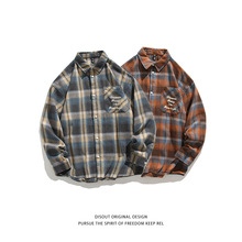 2025秋装新款男士格纹长袖衬衫潮牌时尚宽松大码休闲衬衣小外套